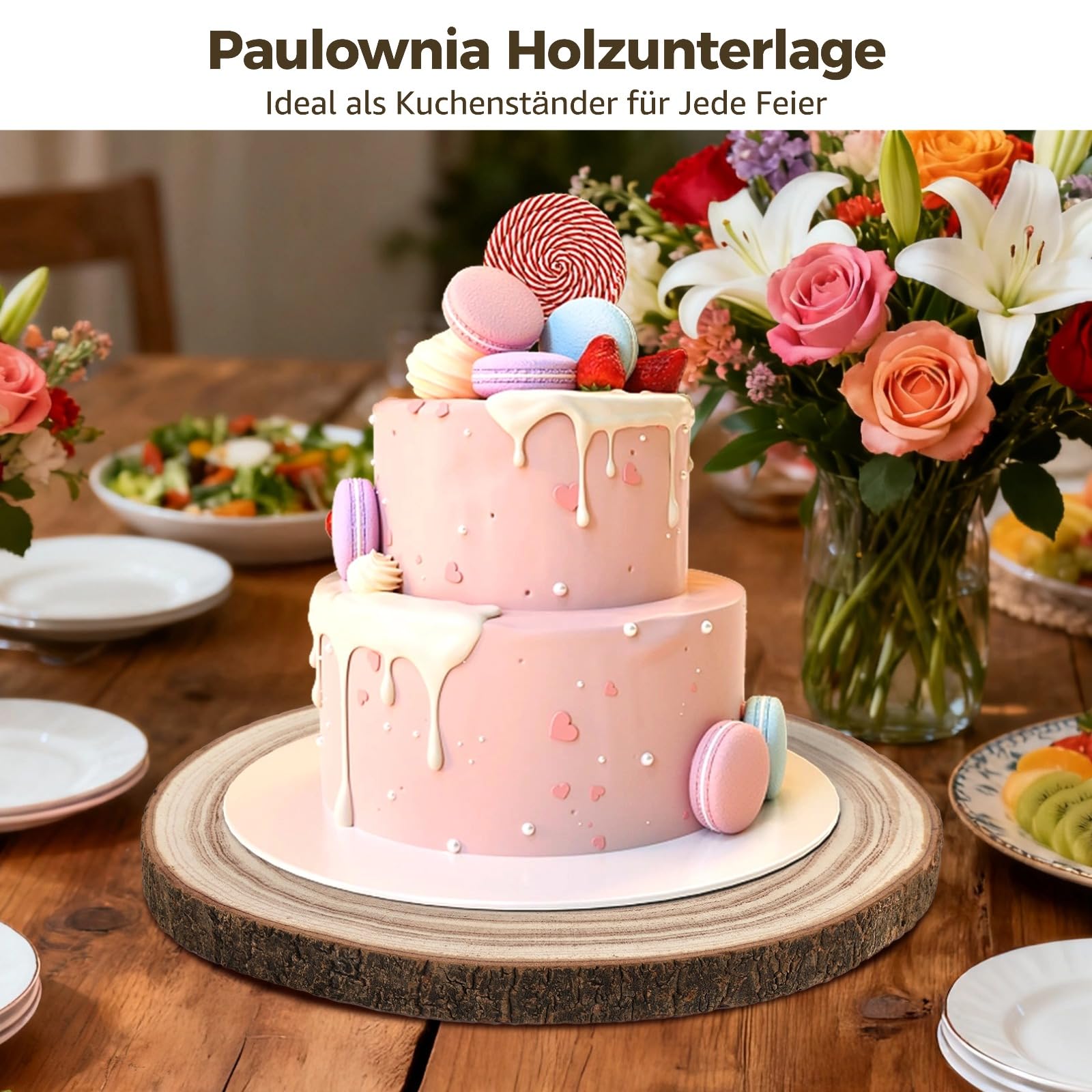 4 Stück Paulownia Holzscheiben 30-35 cm, Unbehandelte Holzscheiben für Bastelarbeiten, 2 cm dick, Natürliche Baumrinde Kreise für DIY-Projekte und Wohnkultur