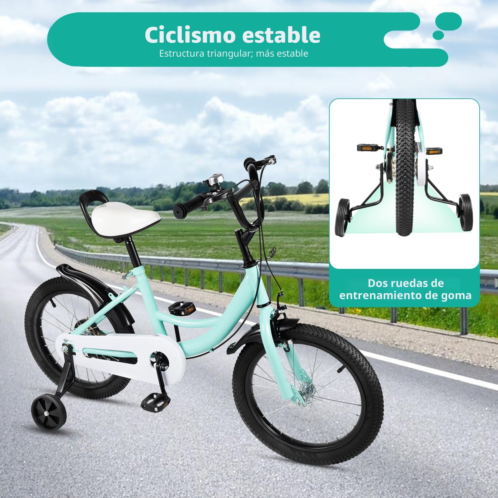 Bicicleta infantil de 16 pulgadas a partir de 4-8 años, para niños y niñas, con ruedas de apoyo, altura ajustable, color verde y negro
