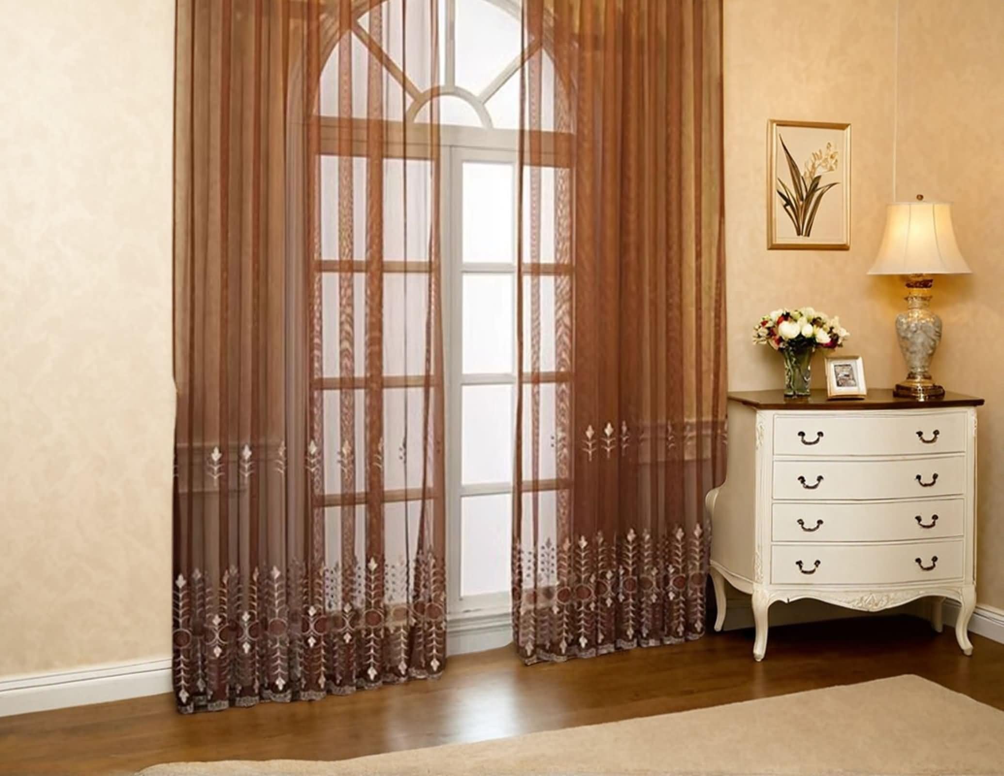 Voilage Fenetre Salon, Rideaux Fenetre Voilage Café Motif de Broderie en Dentelle Polyester Lot de 2 137W x 244L cm