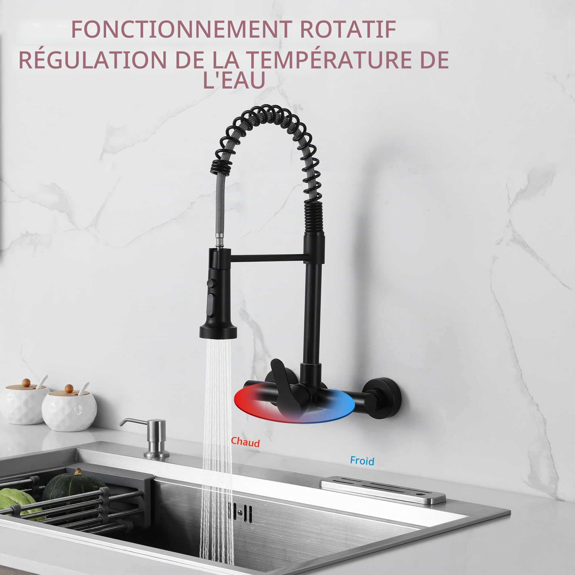 LIWEIKE Robinet de cuisine mural, Rotation à 360°, Noir avec 2 types de jets, Robinet mural
