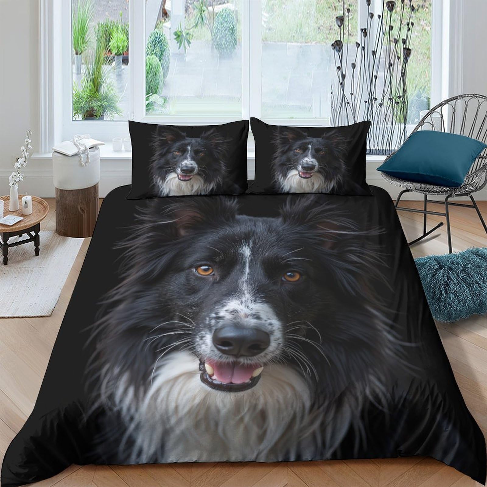 Ctjqhvkz Style-1 3D Printed Black Border Collie Fitted Sheet Microfiber Soft Dog Face Bed Cover For Bedroom Guest Room Mattress Protection Single（135X200cm）
