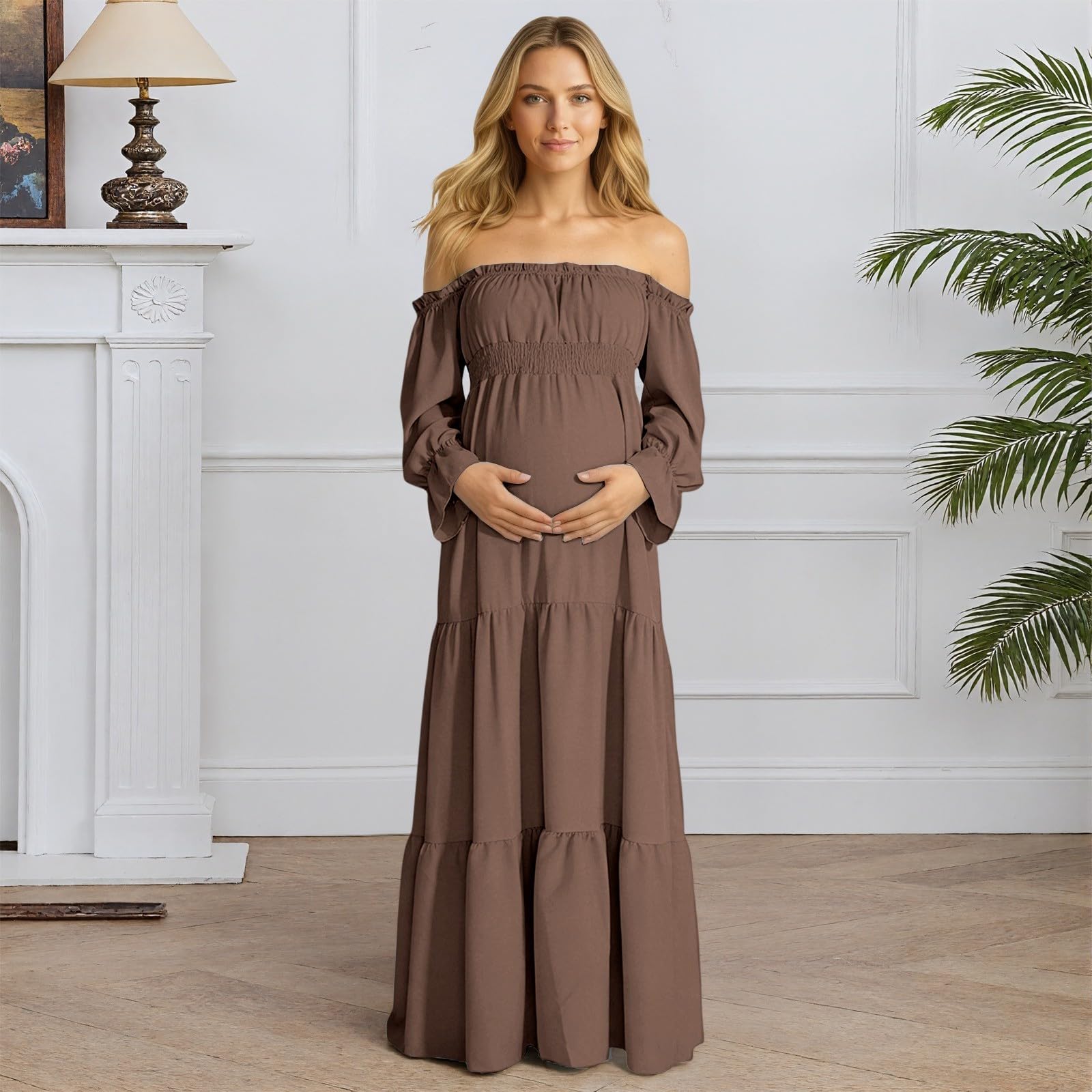 Elegante vestido de maternidad para embarazo, hombros descubiertos, manga larga, escalonado con abertura lateral, cintura alta, estilo bohemio fluido