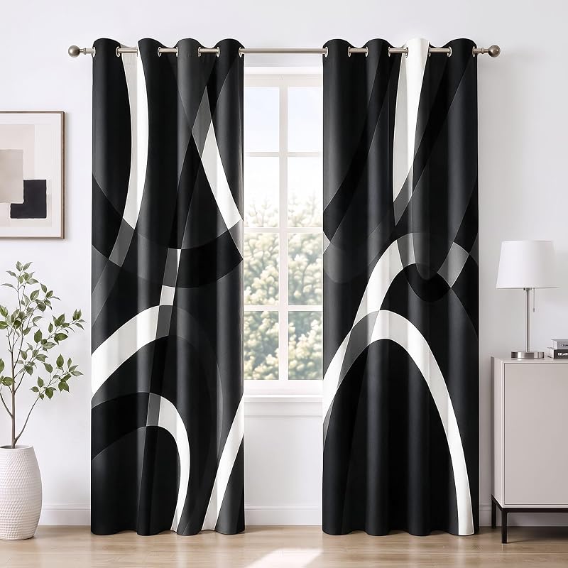 weesire Black and White Blackout Curtains, 52 x 84 Inch, Grommet, 2 Panels | Full Room Darkening, Light Blocking, Ther