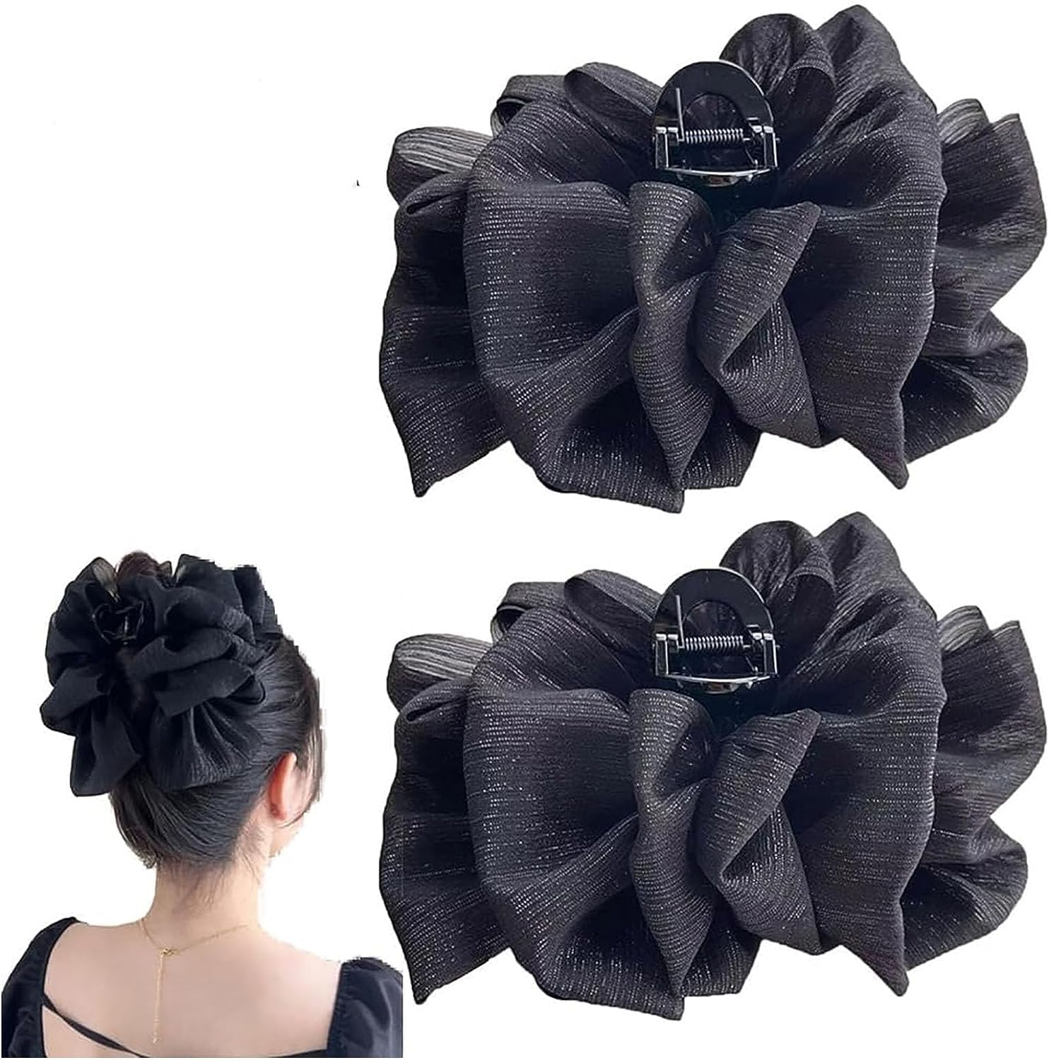 SZYYQ Bow Bubble Clips, Double Side Hair Claws Bowknot Seersucker Crab Clips,Ponytail Hairpin Full Diamond Chiffon Silk Hair Clips for Thick Hair, Elegant Hair Styling Accessories