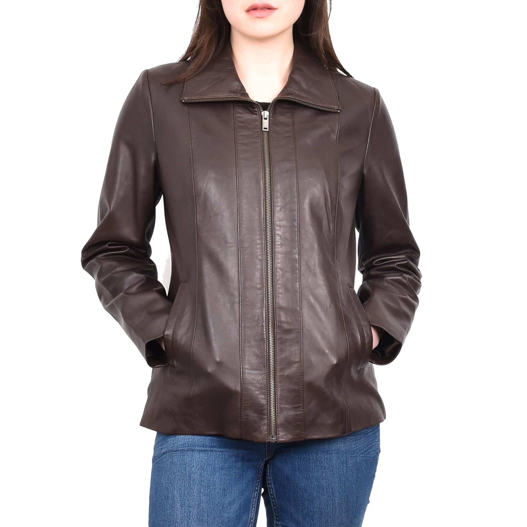 Divergent Retail Women's Classic Style Coat Genuine Leather Zip Fastening Ladies Jacket Brown Reine (UK, Numeric, 24, Regular, Regular, Brown)
