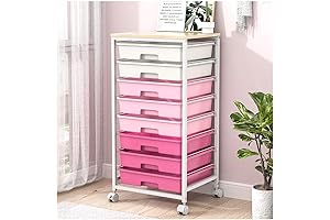 8-Drawer Rolling Storage Cart with Wooden Tabletop for Living, Bedroom, Dorm, Office - Rose Pink