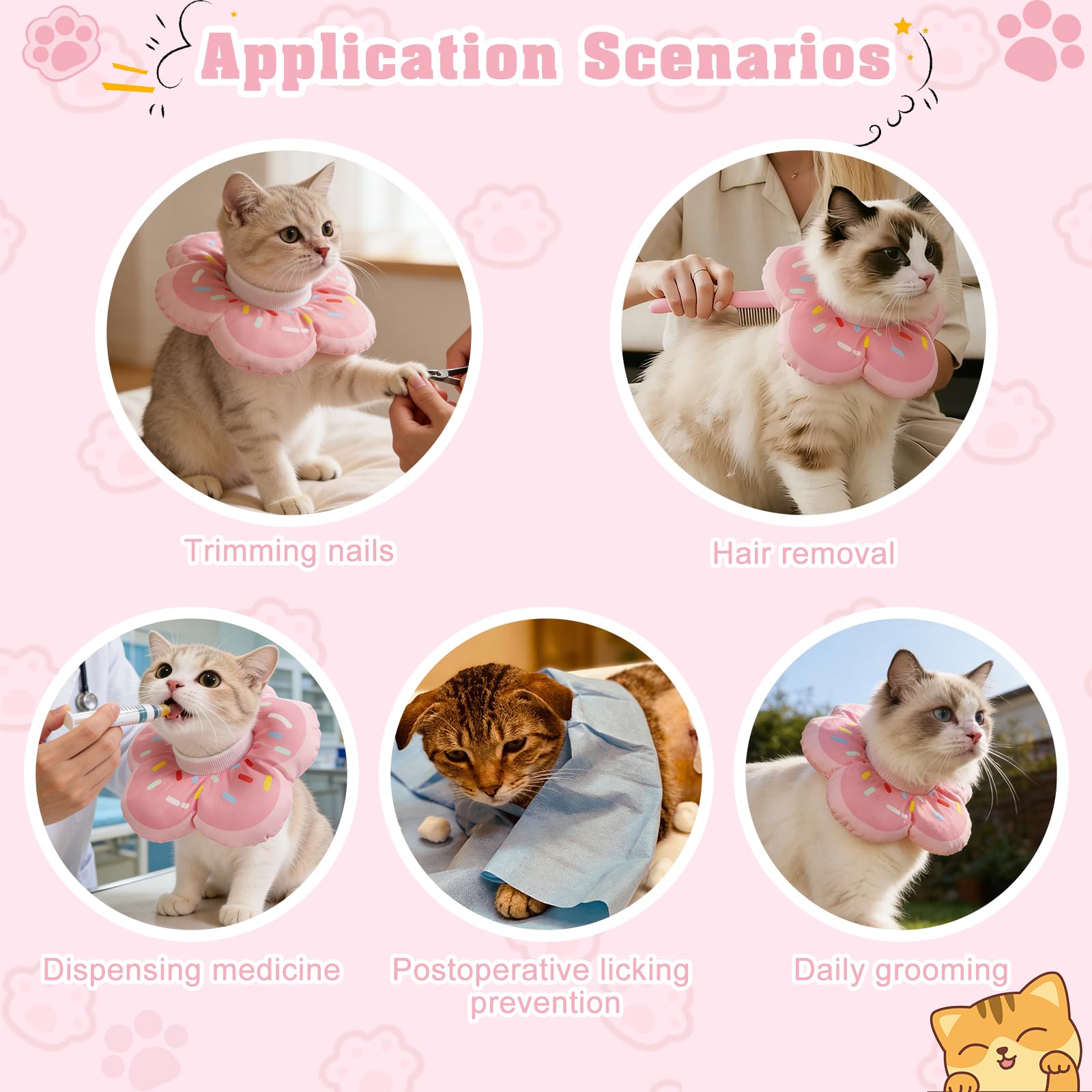 QKURT Collar de Recuperación para Gato, Collar Ajustable para Gatos Después de La Cirugía, Evitar Picaduras de y Arañazos Lesiones y Lamido, El patrón de Rosquilla, Forma de Flor