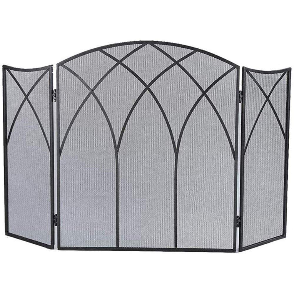 DUHFQ Fireplace Screen 3-Panel Foldable Arch Mesh Fire Guard Spark Cover with Decorative Scroll, Black Finish, for Open Fire/Gas Fires/Log Wood Burner Tall 80cm Fire Screen (Color : Black) (Black)