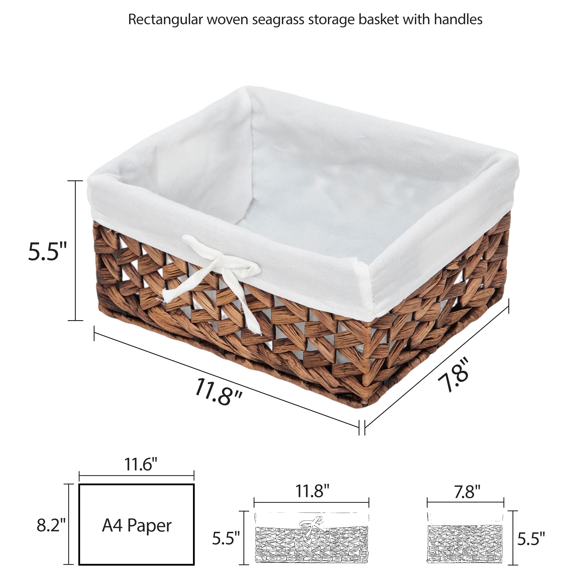 KINGWILLOW, Rectangular Cajas de Almacenamiento Junco Marino Tejido y cestas con asa