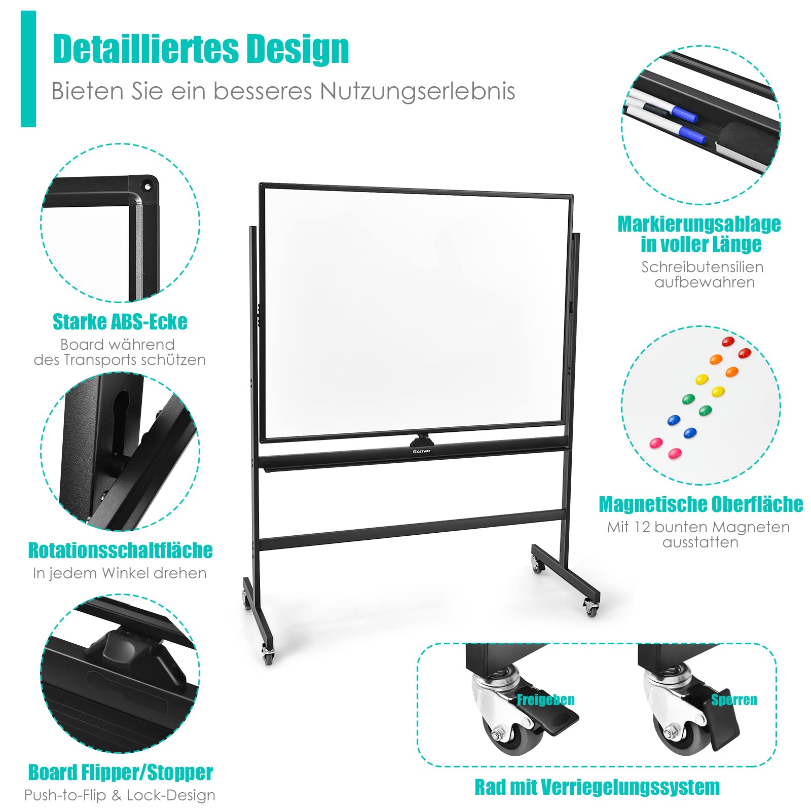 GOPLUS 120x90cm Mobiles Whiteboard mit Ständer & Flipchart, Höhenverstellbares doppelseitiges Whiteboard mit abschließbaren Rollen, um 360° drehbare magnetische Tafel mit Alurahmen & Zubehör(Schwarz)