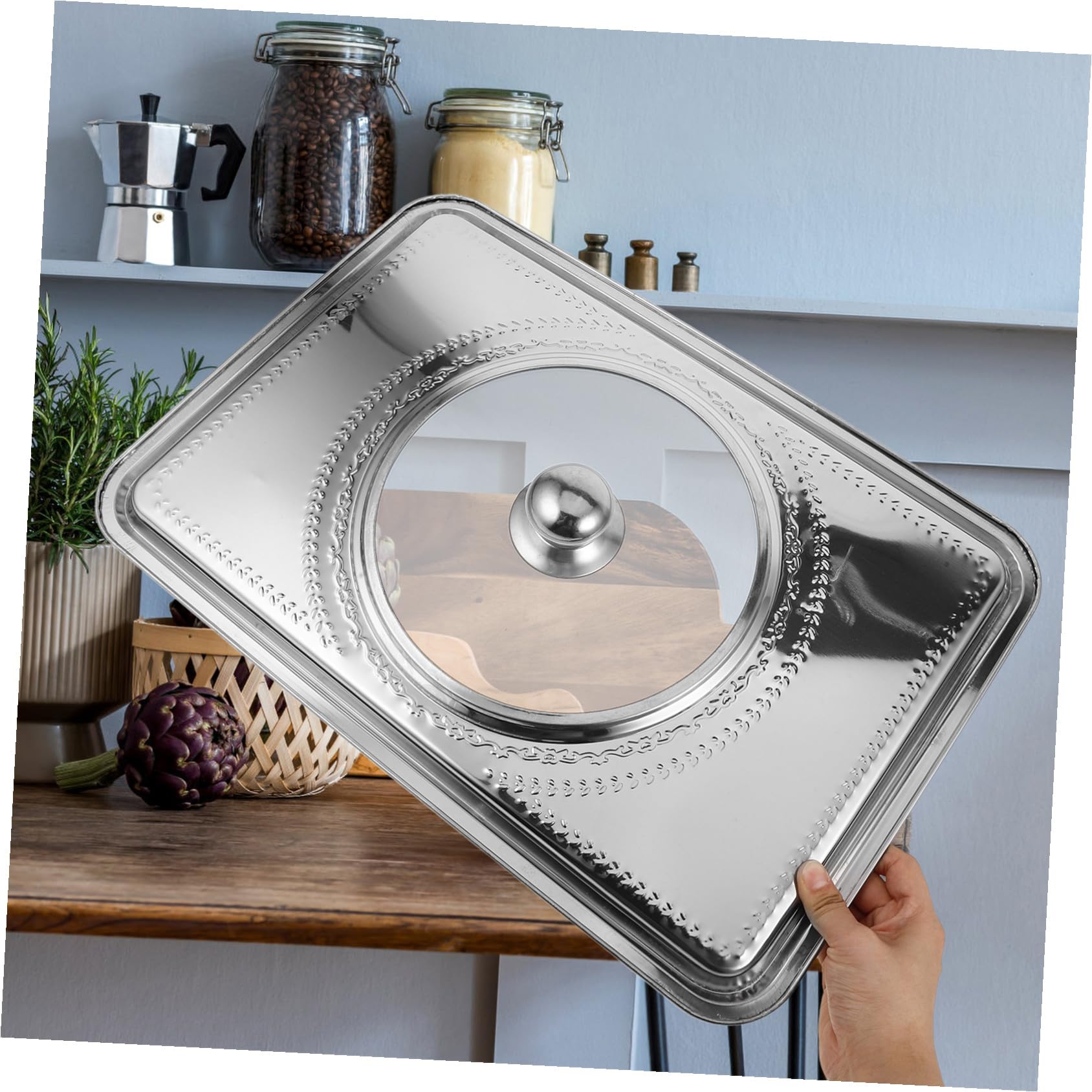 Tapa de Bandeja para Asar Pescado de Acero Inoxidable Plata | Asa Pequeña, para Servir y Proteger Alimentos, Adecuado para Reuniones Familiares y Hoteles