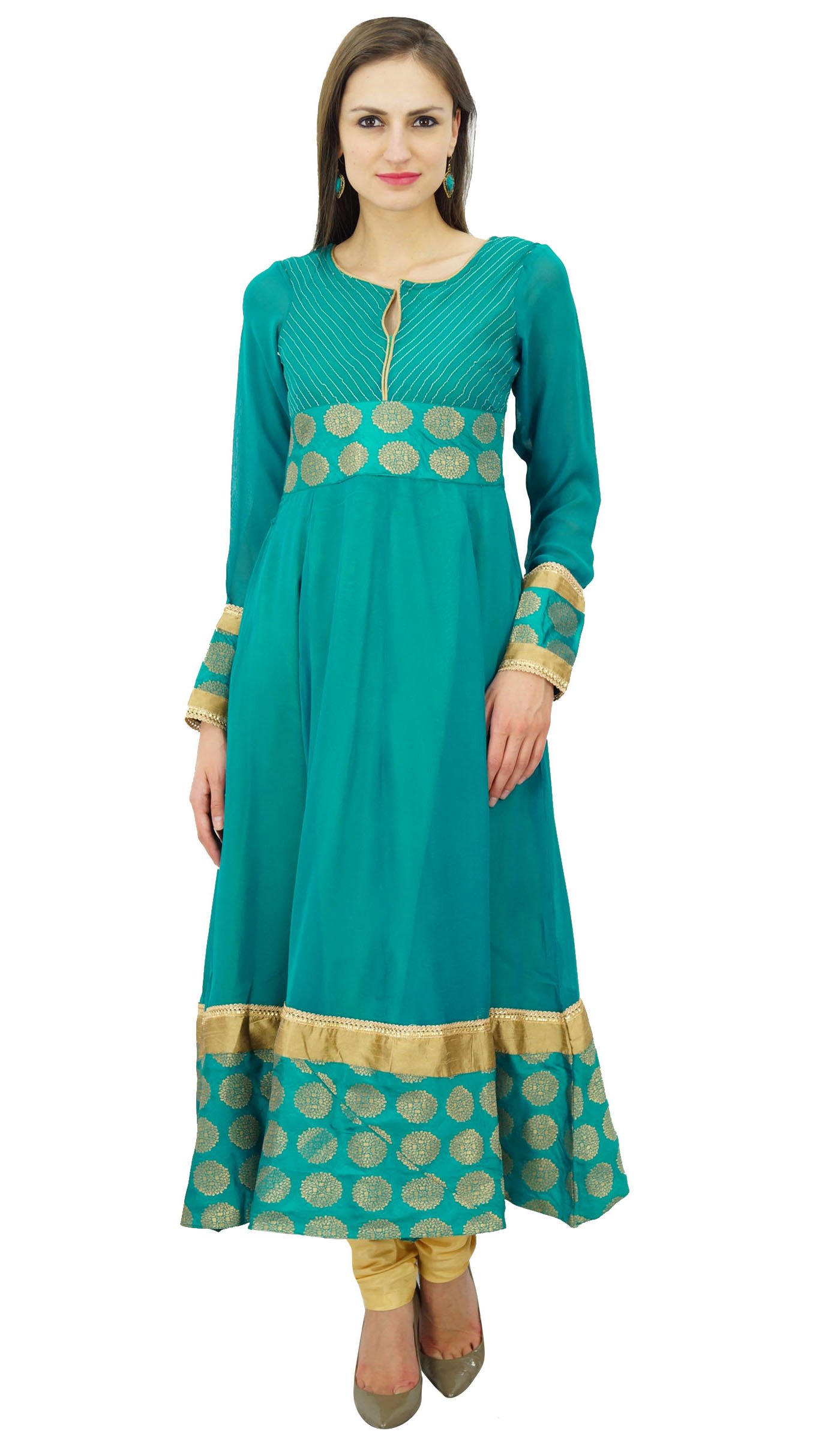 Bimba Women Designer Georgette Kurta Anarkali Kurti Long Dress Clothing Teal