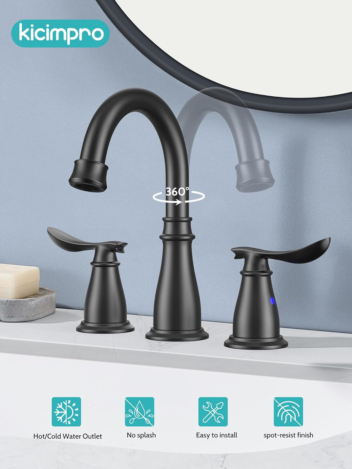Black Bathroom Faucet 3 Hole, Bathroom Sink Faucet Centerset 4 Inch with 2 Hot/Cold Handles, Pop-Up Drain, Lead-Free, No-Leak, Bath Faucet for Bathroom Sink, RV, Bath, Camper