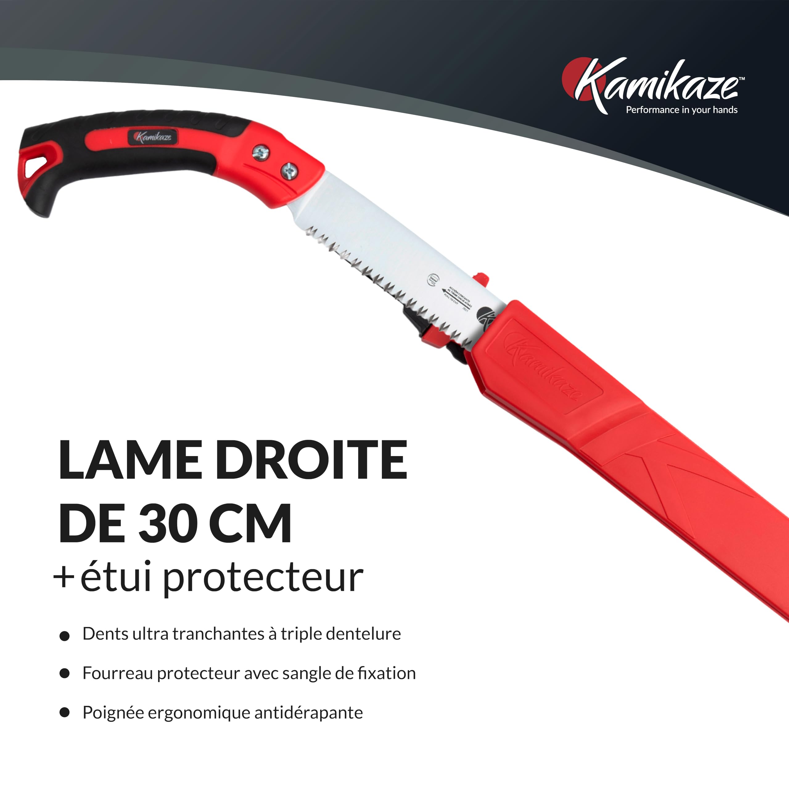 KAMIKAZE Scie d’Élagage Droite S-300H, Scie à Denture Japonaise avec Lame Droite de 300 mm, Scie pour Bois en Acier SK-4 Riche en Carbone Haute Durabilité, Étui Inclus