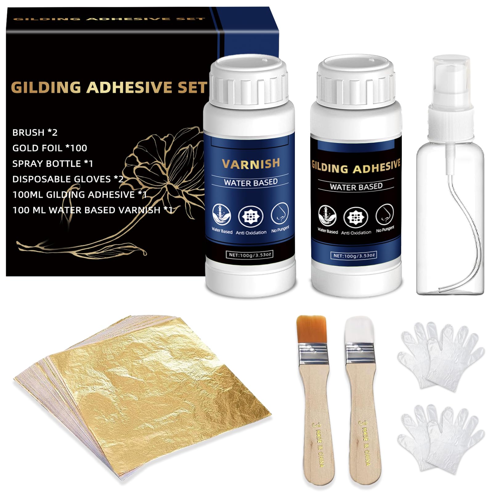 Gilding Adhesive Set, 200 ml Gold Leaf Kit, Water Based Gold Leaf Adhesive and Protective Varnish, Gold Leaf Sheets 100 pcs, 2 Brushes,1 Spray for Craft, Painting and Arts