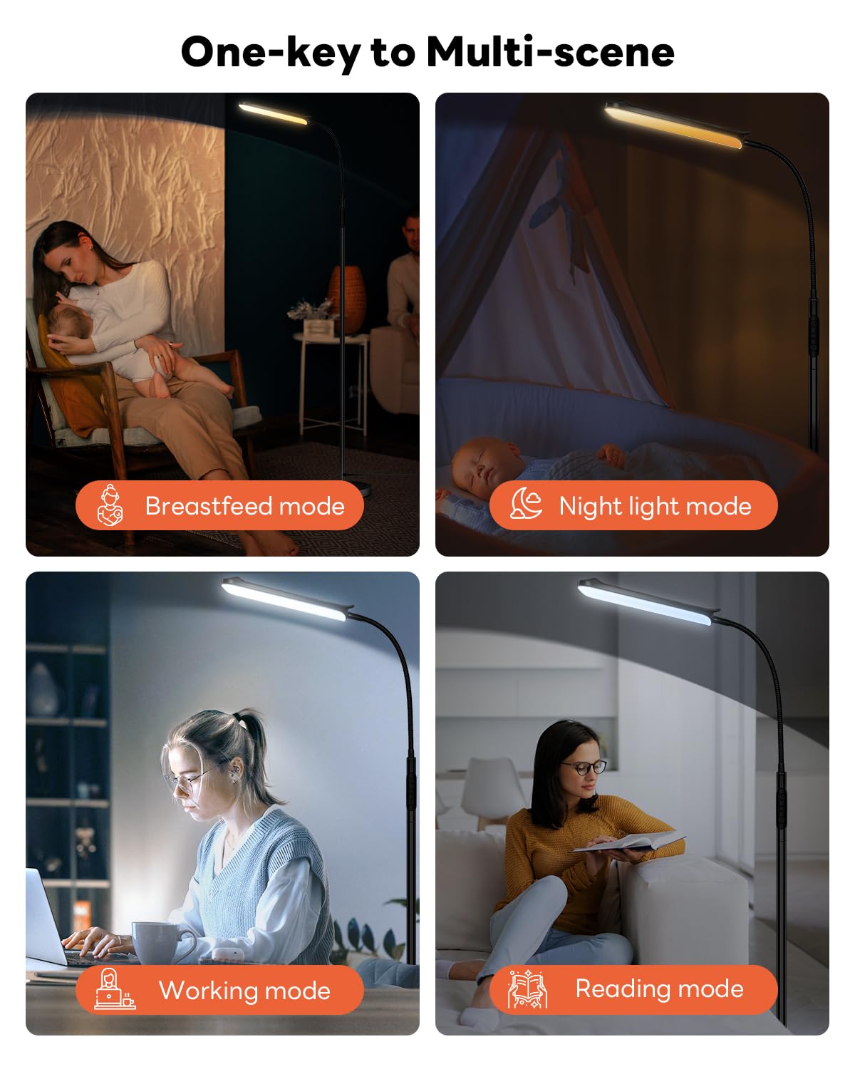 Lampa podłogowa LED 18 W, 1800LM ściemniana (2700K-6500K) Elastyczna łabędzia szyja, wysokość 175 cm, magnetyczne sterowanie i sterowanie dotykowe, lampa do czytania do salonu, czarna