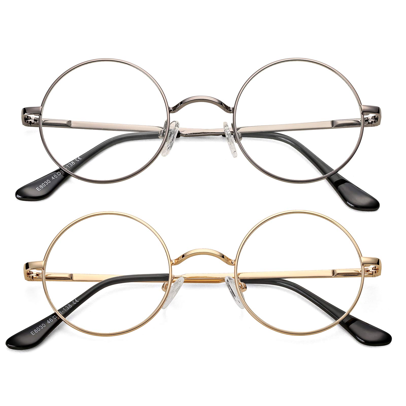 Vintage Round Metal Glasses Frame with Clear Lens, 2 Pack Women Men Non-Prescription Eyeglasses