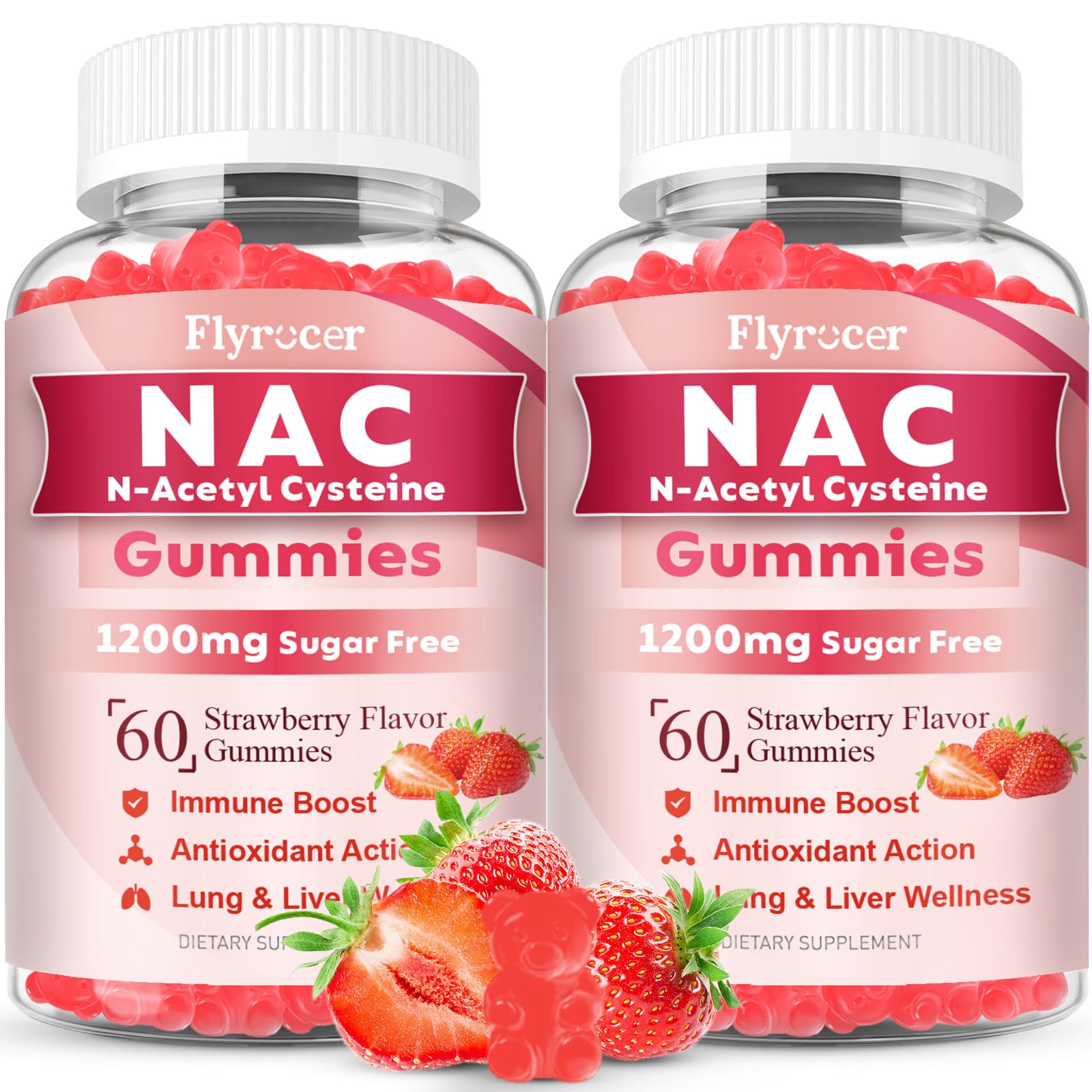 NAC Gummies, N Acetyl Cysteine Supplement for Adults and Kids, NAC Chewable Support Liver Health, Antioxidants & Immune System, Sugar-Free, Strawberry Flavor, 120 Count Strawberry 60 Count (Pack of 2)
