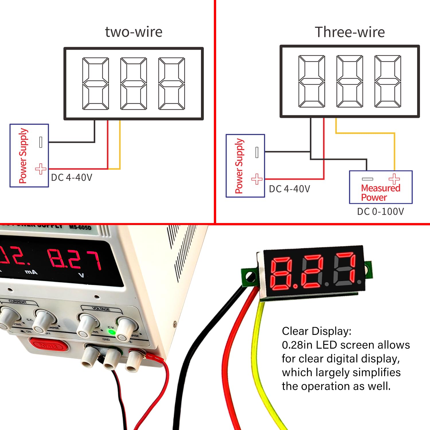 YIXISI Mini Digital LED Voltímetro 0.28" 0-100V DC 3 Cables Protección de Polaridad Medición Precisa (5 Colores)