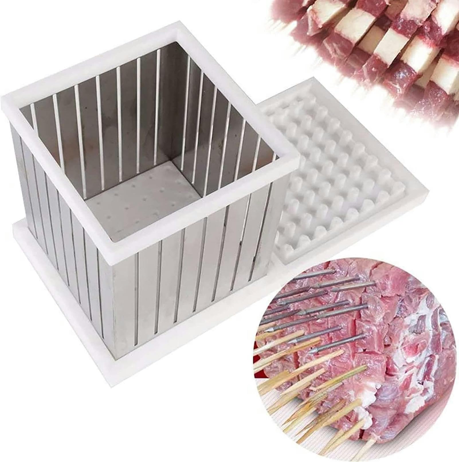 Spiedini per barbecue a 64 fori, scatola per la preparazione di kebab, affettatrice per carne, barbecue, spiedini, kit per la preparazione di brochette per kebab, per cucina all'aperto