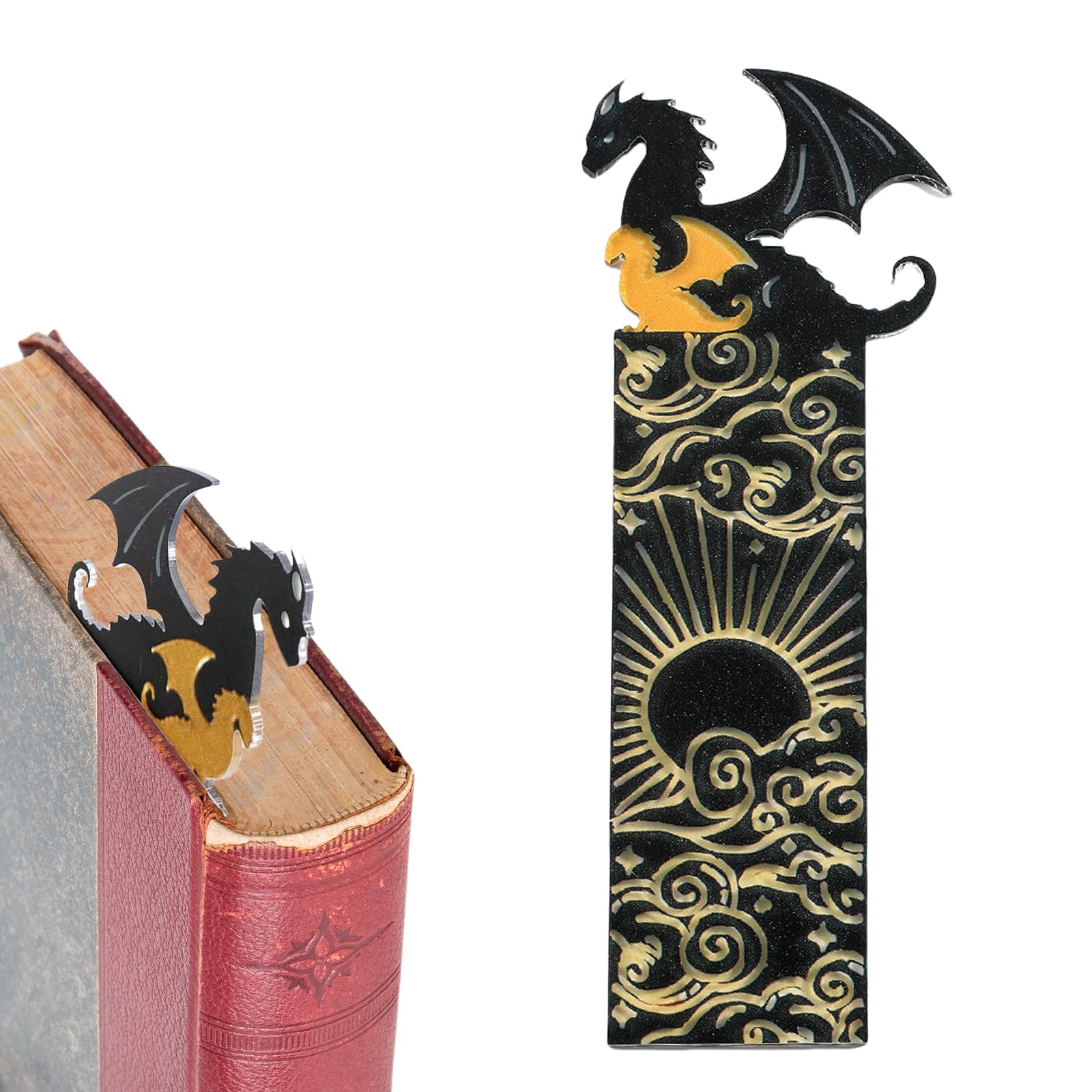 NATOSU Marcapáginas de dragón negro y dorado, patrón de doble cara, acrílico, genial dragón con sol y nubes, decoración de estantería para niños y niñas, amantes de los libros