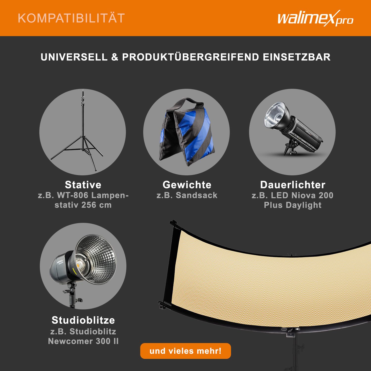Walimex pro Riflettore concavo 3 in 1, 150 x 60 cm, per fotografia di moda e bellezza, 3 colori riflettori, argento, bianco Wavy Gold, con attacco spigot per treppiede, 22771