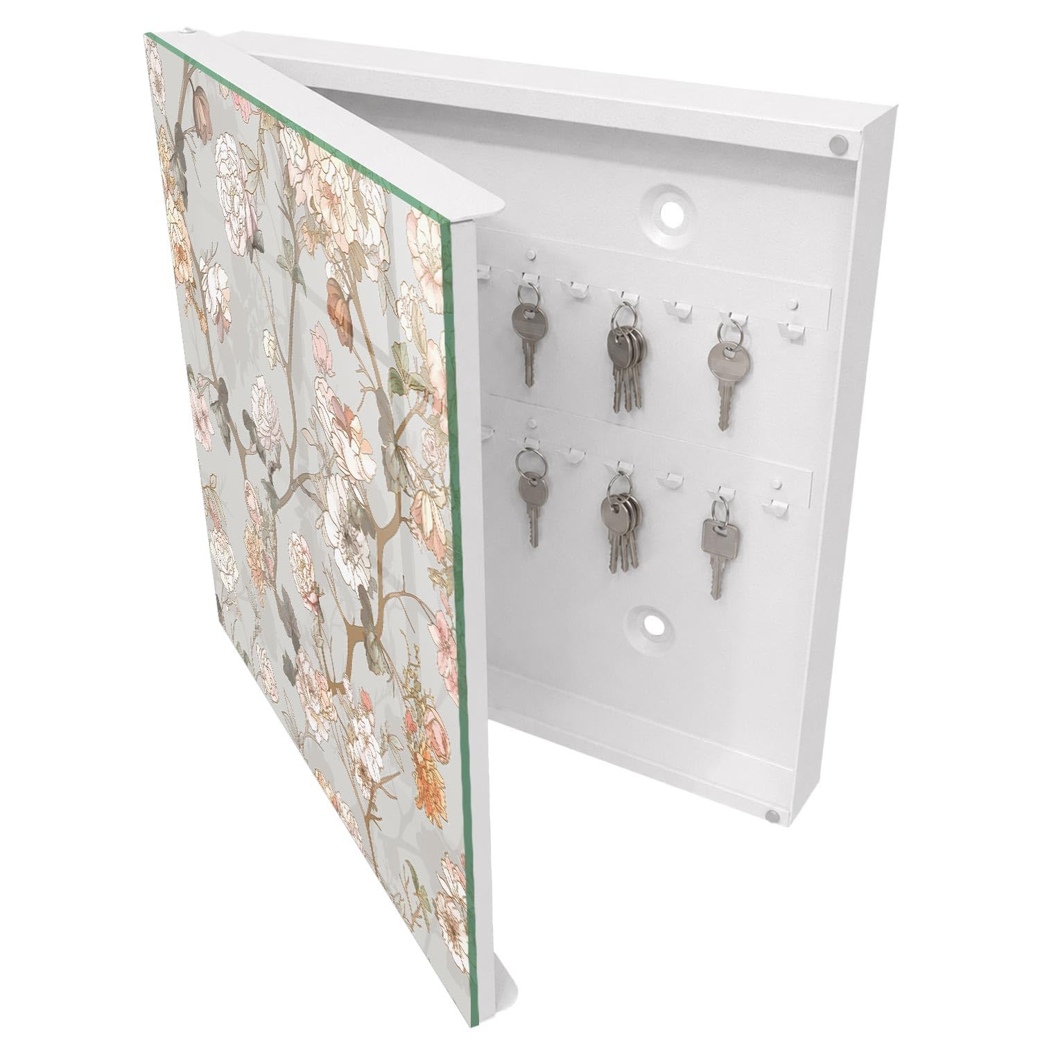 Armadietto Portachiavi 30x30 cm | Bianco | A Sinistra | Montaggio a Parete | Rami fioriti | in Metallo | per Uffici | Tasselli e Viti Inclusi | Frontale Decorativo in Vetro Temperato