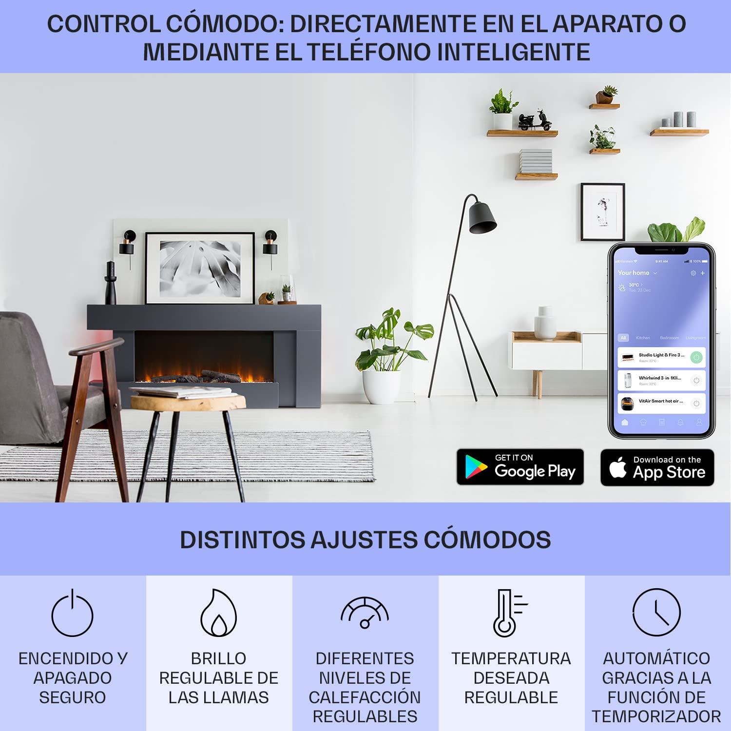 Klarstein Chimenea Eléctrica LED 2000W con Mando a Distancia, Temporizador y Control Automático de Temperatura