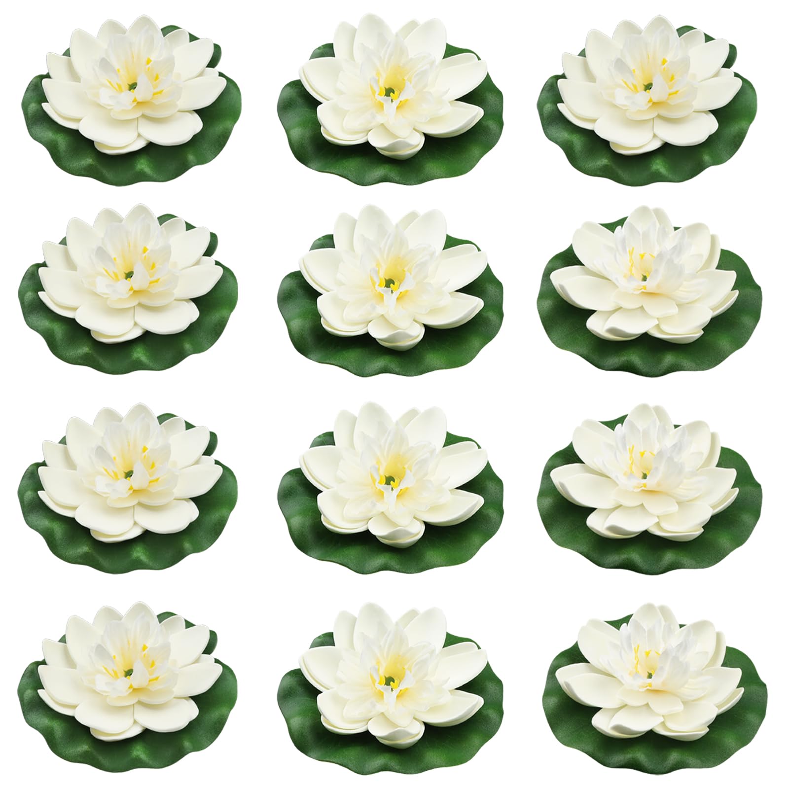 12pcs Artificial Floating Foam Lotus Flowers with Lily Pads, Artificial Pond Plants Flowers Ornaments for Pool Aquarium Decoration, White