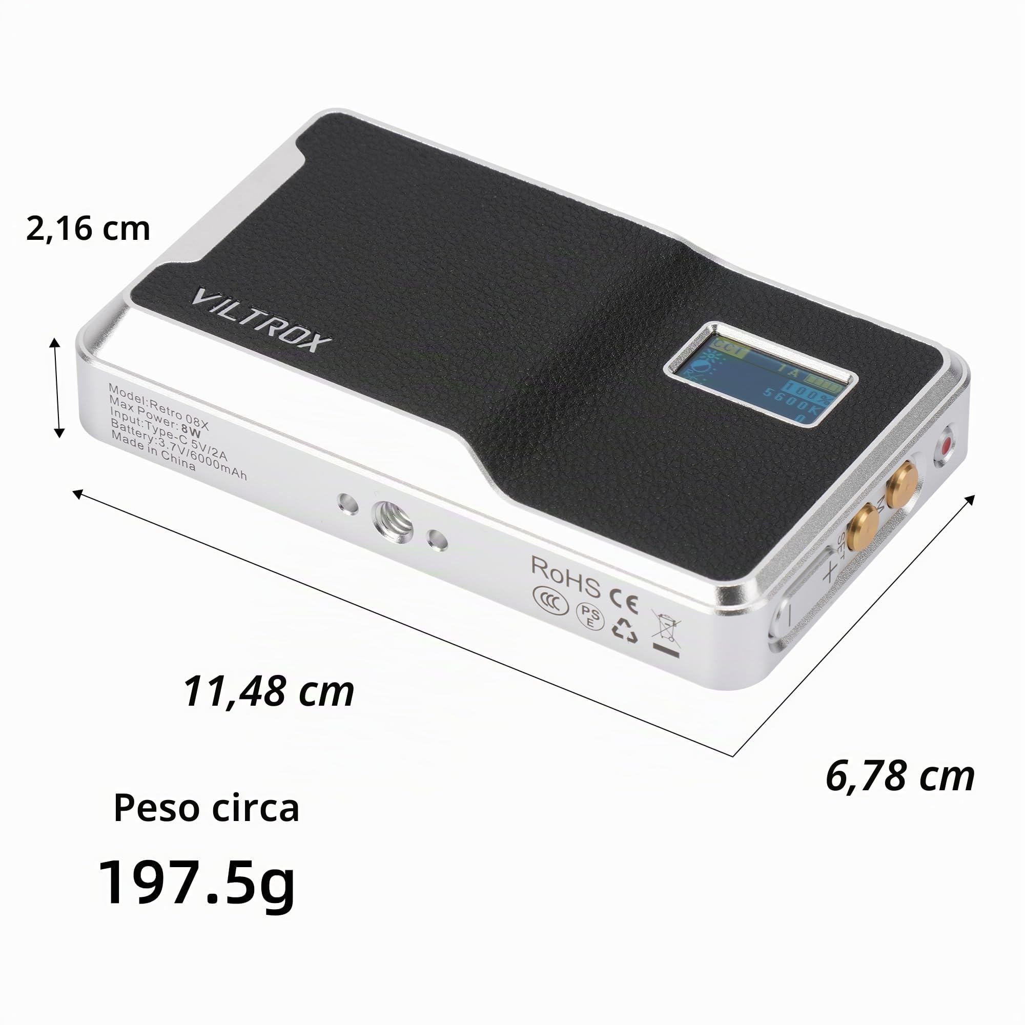 VILTROX 6000mAh On Camera LED Light, APP Control RGB Video Light, Tutti i metalli illuminazione fotografica portatile, pannello luminoso della fotocamera a LED per la registrazione video (Retro 08X)