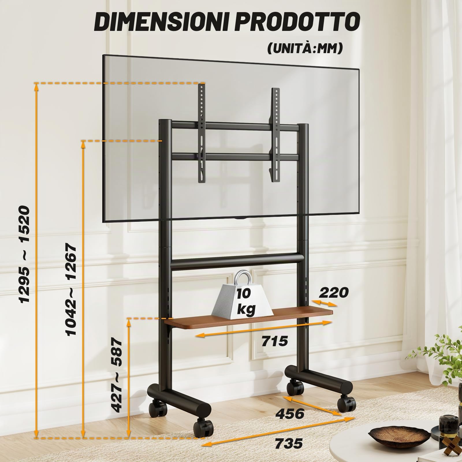5Rcom Supporto TV Mobile con Ruote per Televisori 40-85 Pollici, Carrello TV Resistente con Ripiano & Portata 60kg – Design Regolabile, Mobilità Facile & Salvaspazio, Telaio Nero