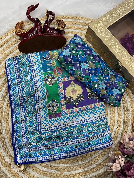 Image of Women's Chinon Silk Saree with Printed Design, Mirror Work & Zari Woven Detailing | Ethnic Wear Saree with Unstitched Blouse Piece | Traditional Festive & WeddingWear