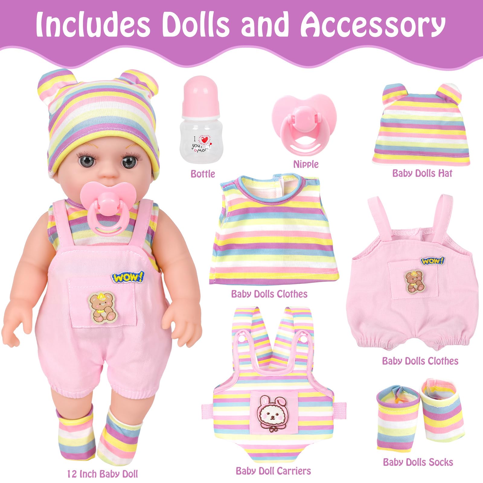 Muñecas de bebé de 12 pulgadas con portador delantero y trasero para niñas pequeñas, conjunto de muñecas de bebé Reborn de 12 pulgadas, accesorios y ropa, incluye botella y pezón, regalo para niños 7