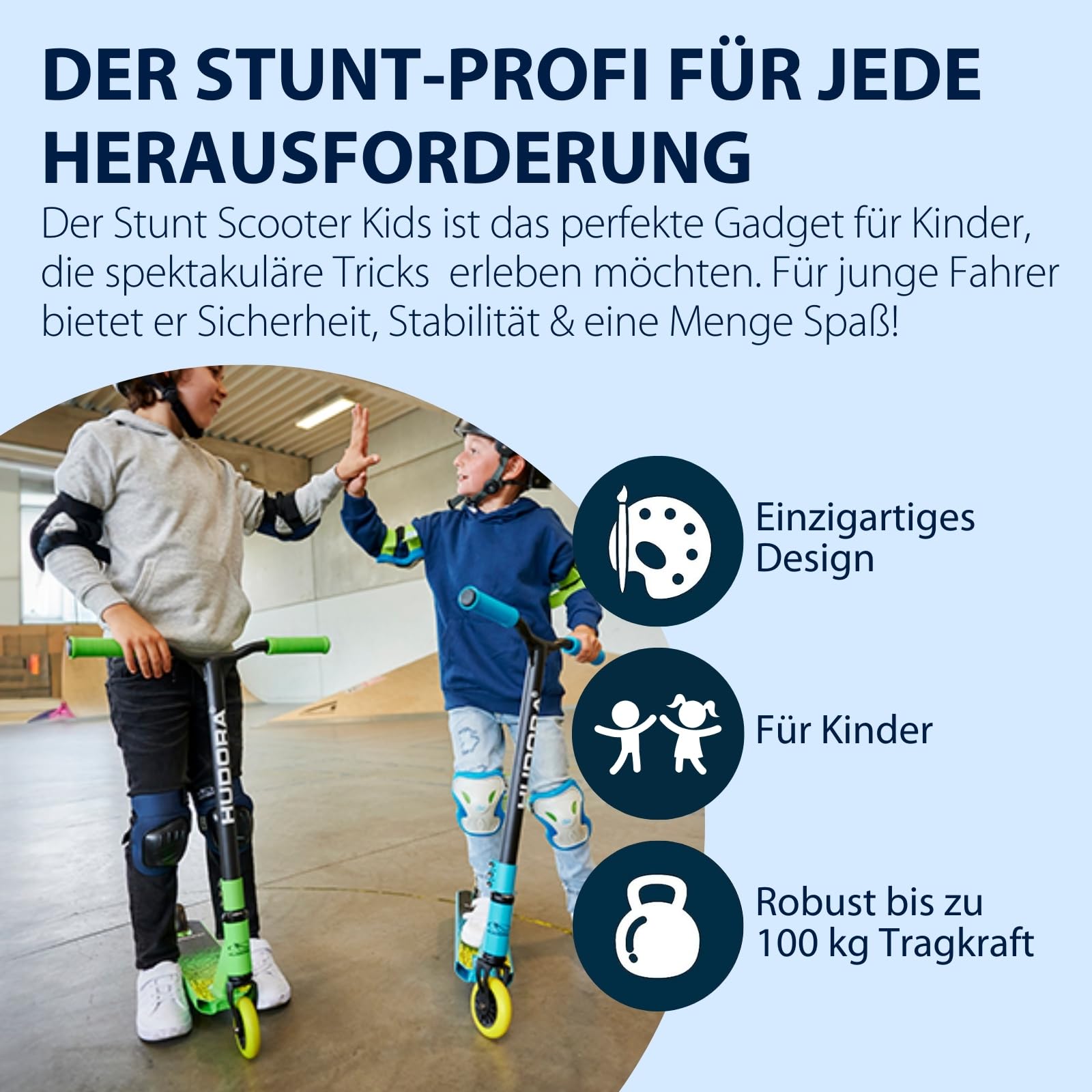 HUDORA Stuntscooter Kids - 360° Lenkung - Tretroller - ABEC 9 Kugellager - Robuster Funscooter, Kickscooter, Stunt Scooter, Trick Roller, Cityroller