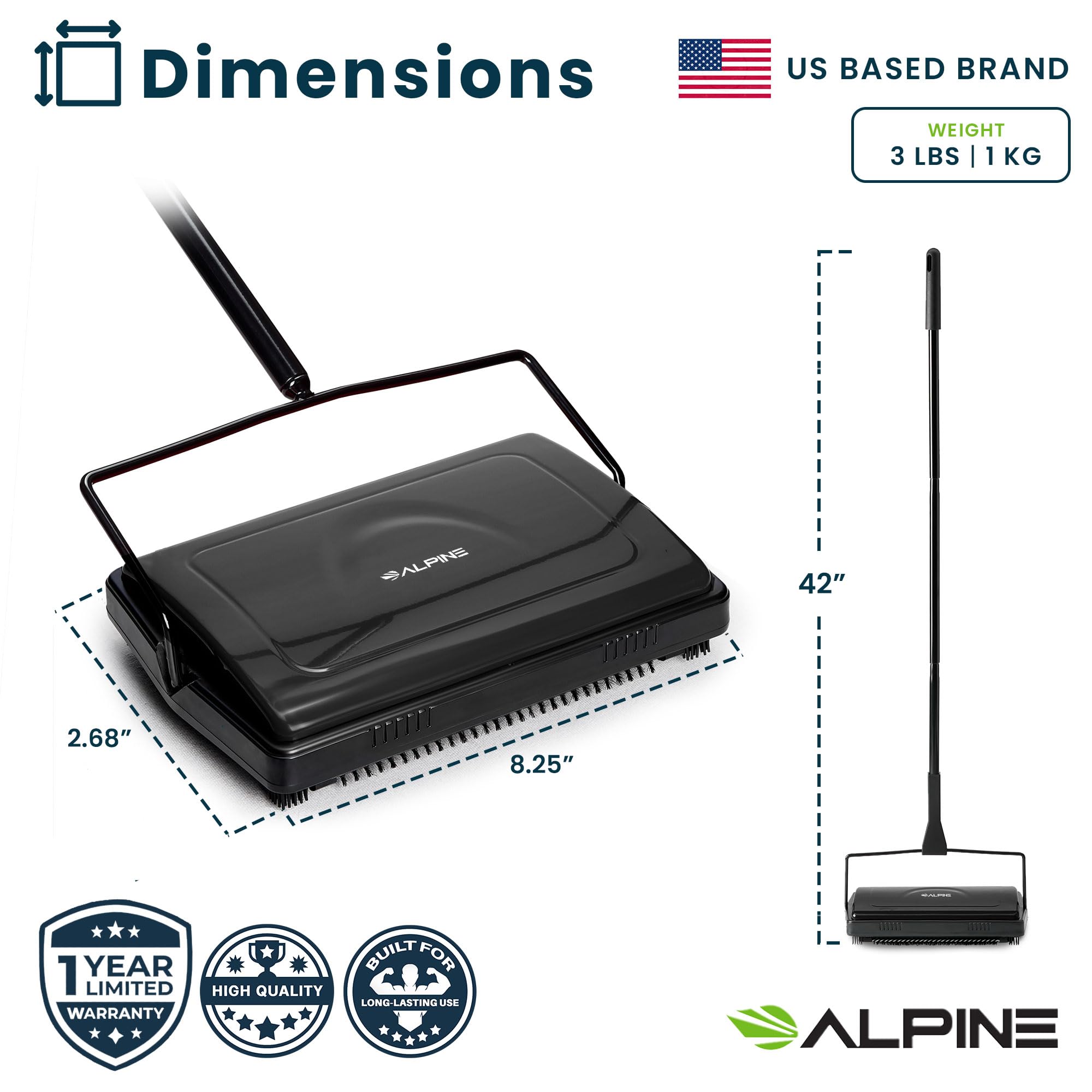 Alpine - Barredora Manual de alfombras Triple Cepillo – Limpiador de Suelos multisuperficie no eléctrico fácil Barrido para Suelos alfombrados (BLK - Mejorado)