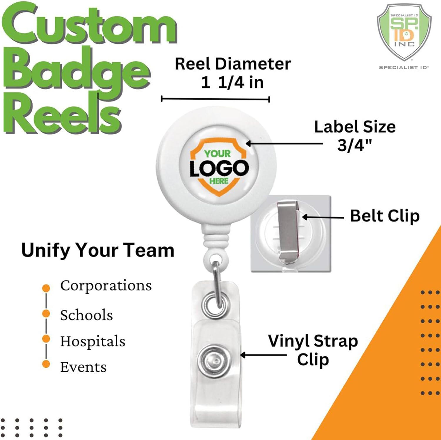 Bulk 100 Pack - Custom Badge Reels Retractable (Upload Your Logo) with Belt Clip - Personalized Full Color Print Dome Label - Company Badge Holders for Medical Staff, Office by Specialist ID (White)