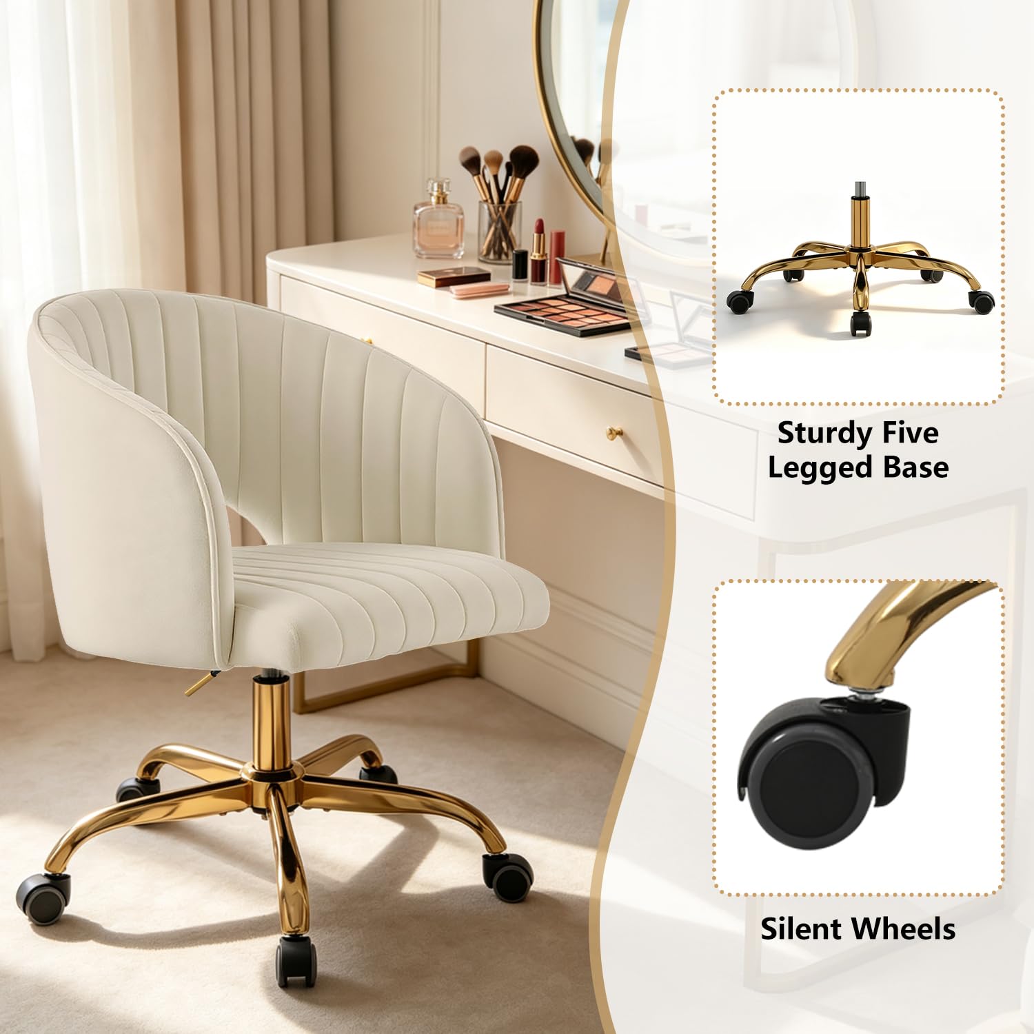 Sedia da Scrivania Imbottita e Girevole - Poltrona da Ufficio Comoda con Schienale in Velluto - Sedia Moderna per Trucco con Ruote - Oro e Bianco