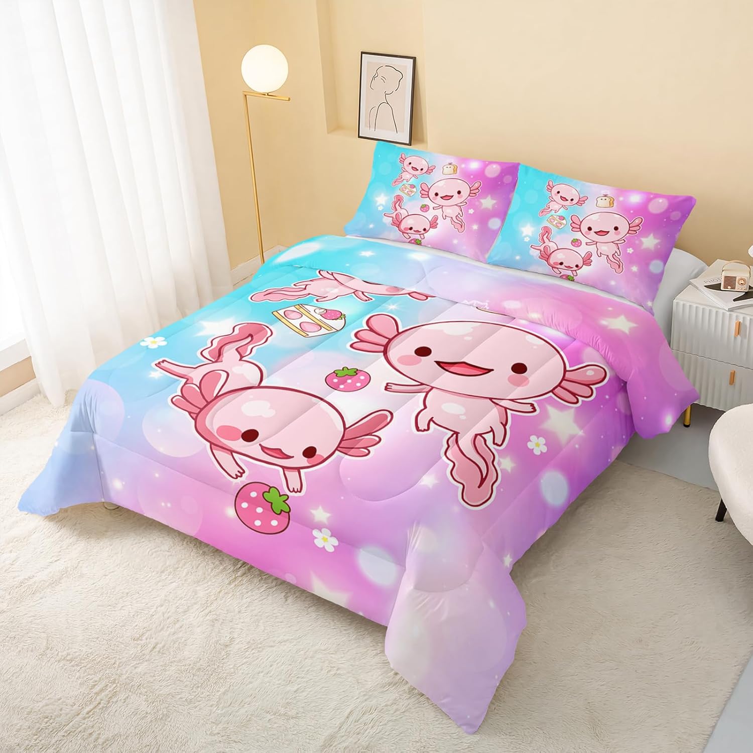 QOOMO Pink Axolotl Soft Lightweight Bed Comforter Set Strawberry Cake Kids Bedding Set Gradient Bubble 3D Quilt Set Bedroom Decoration Full Size 1 Comforter Set 2 Pillowcases