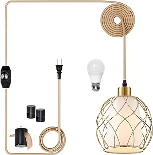Plug in Pendant Light, Gold Hanging Lamp with Dimmable Switch, 15 ft Gol...