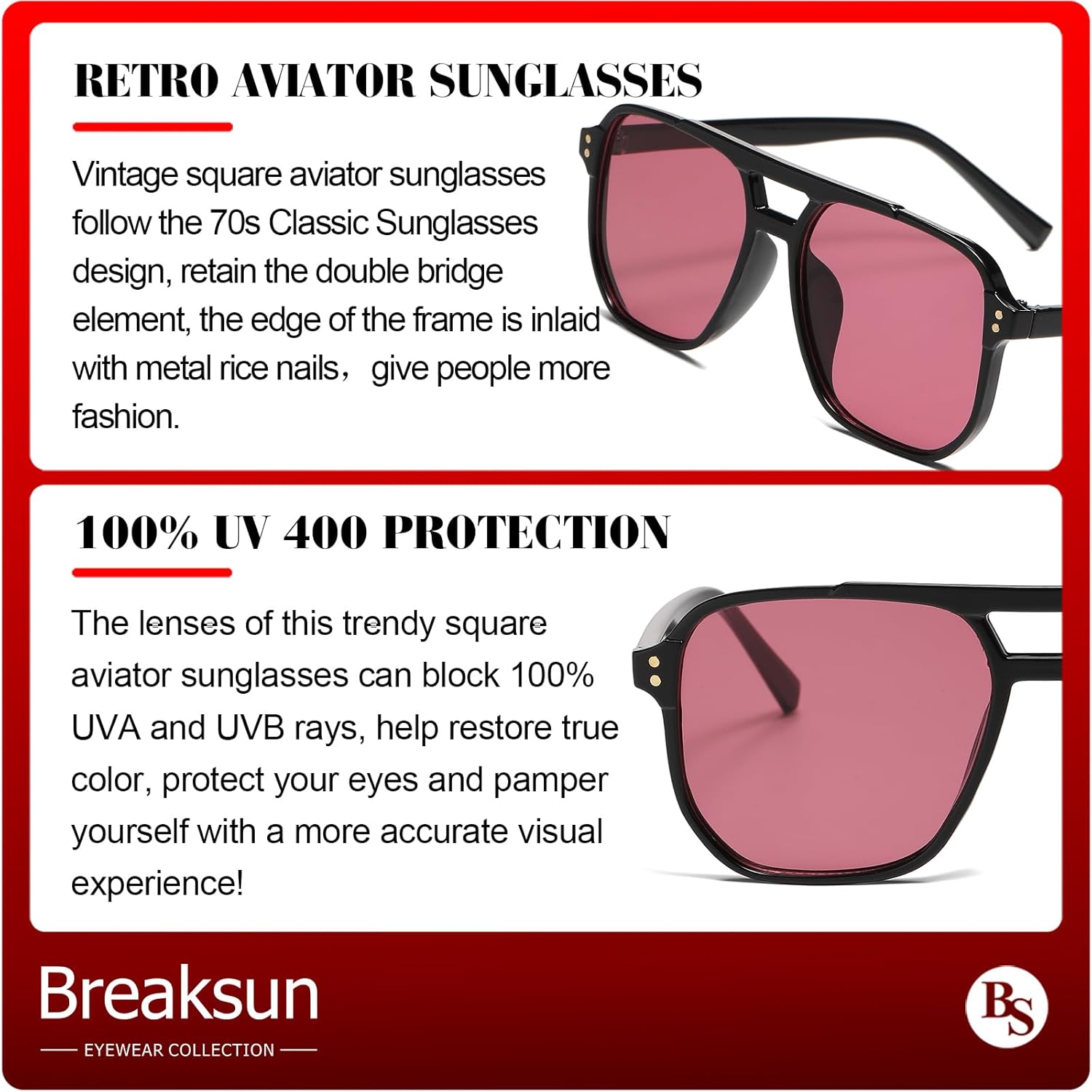 Retro Square Aviator Sunglasses for Women Men Trendy 70s Square Sun Glasses Vintage Shades - Image 6