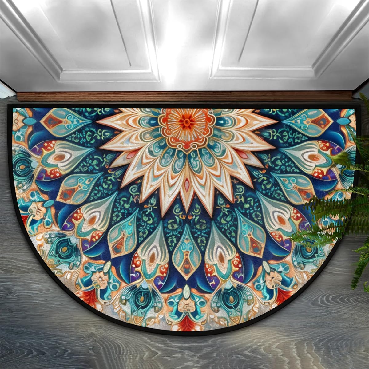 Half Round Door Mat Ethnic Mandala Colorful Flower Non-Slip Semi Circle Area Rug Washable Half Moon Hearth Rugs for Indoor Outdoor Bathroom Kitchen Patio Runner Mat Laundry Room Home Decoration