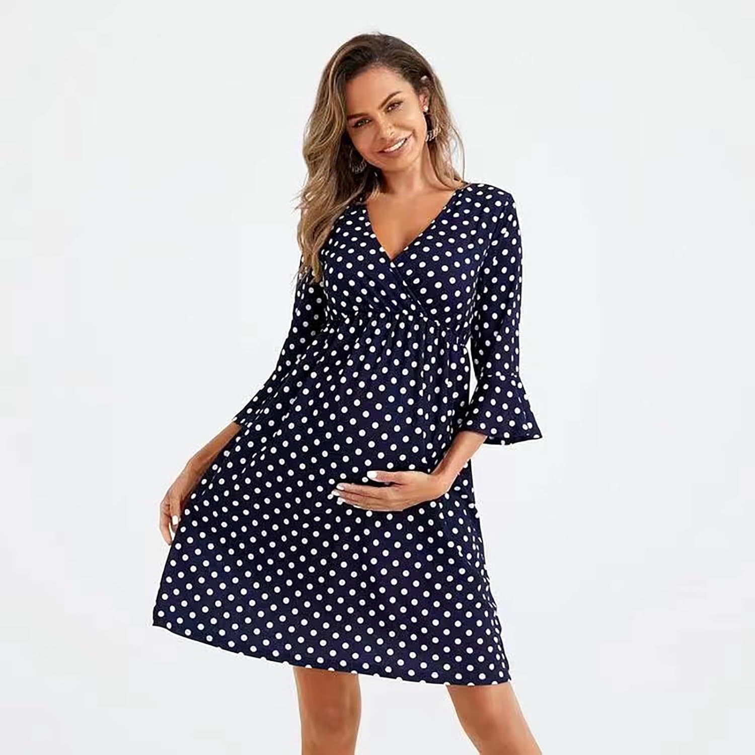 ACSUSS Polka Dot Maternity Dress Pregnancy Nursing Dresses Knee Length A-line Faux Wrap Boho Style Sundress for Park