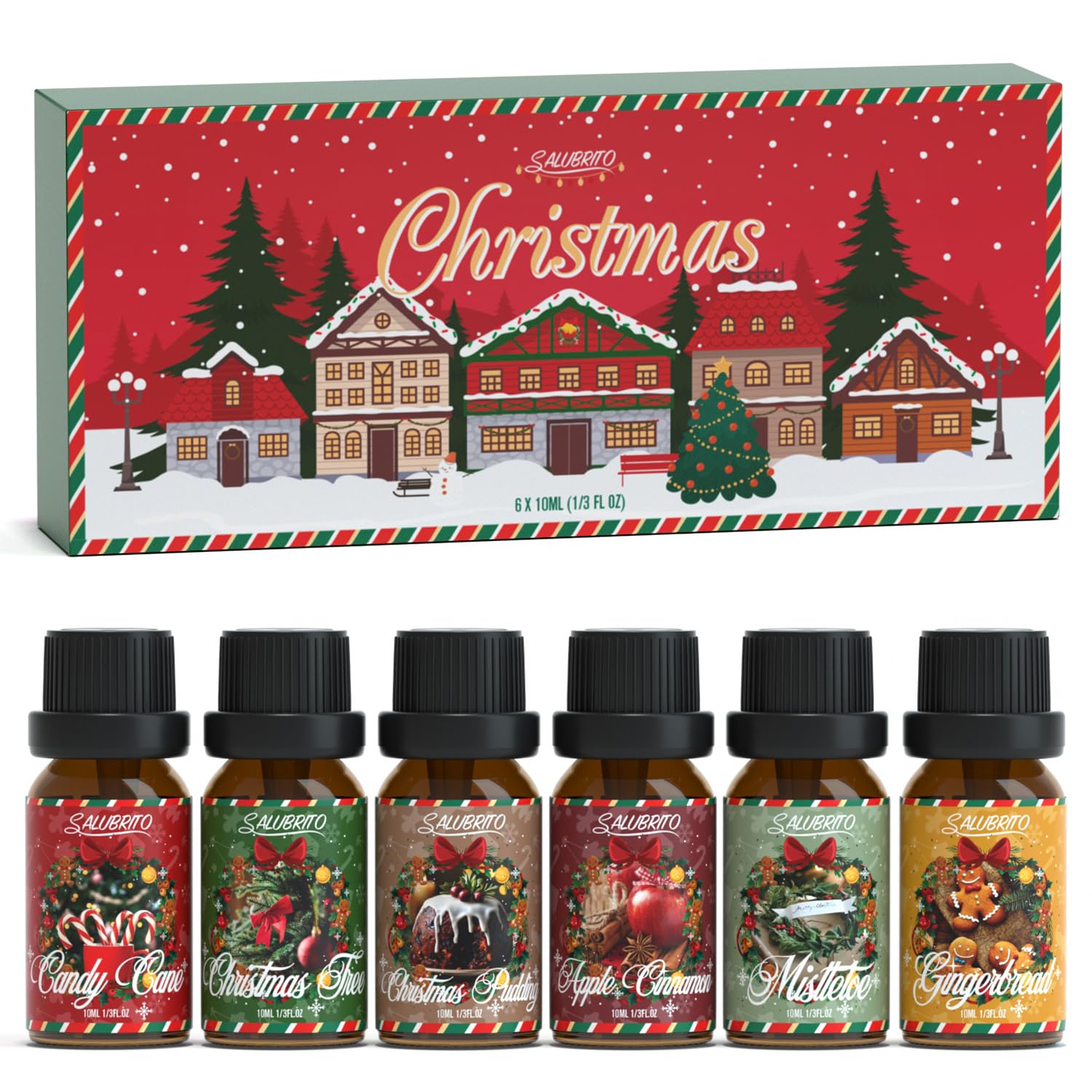 SALUBRITO Christmas Essential Oils Set, Winter Fragrance Oil for Diffuser, Candle Making, Aromatherapy Oils Gift, Gingerbread, Christmas Tree, Candy Cane, Apple Cinnamon, Christmas Pudding, Mistletoe