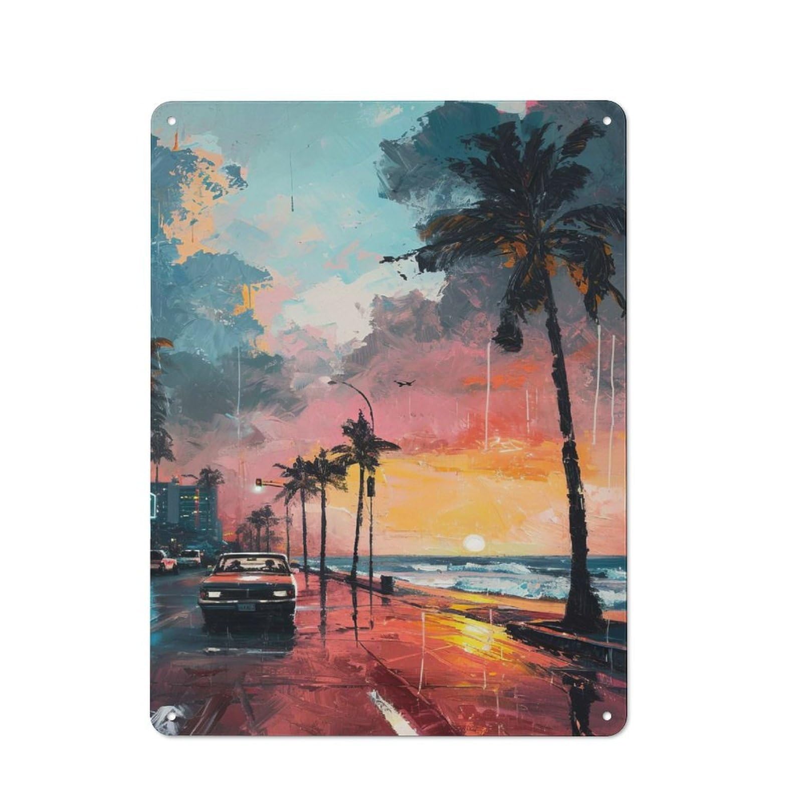 Junmoney Style-2 Character Decorative Tin Plaque 40X30cm Featuring Beachside Sunset Drive, Home Wall Decor For Flat, Dorm Room, Lounge Or Cafe