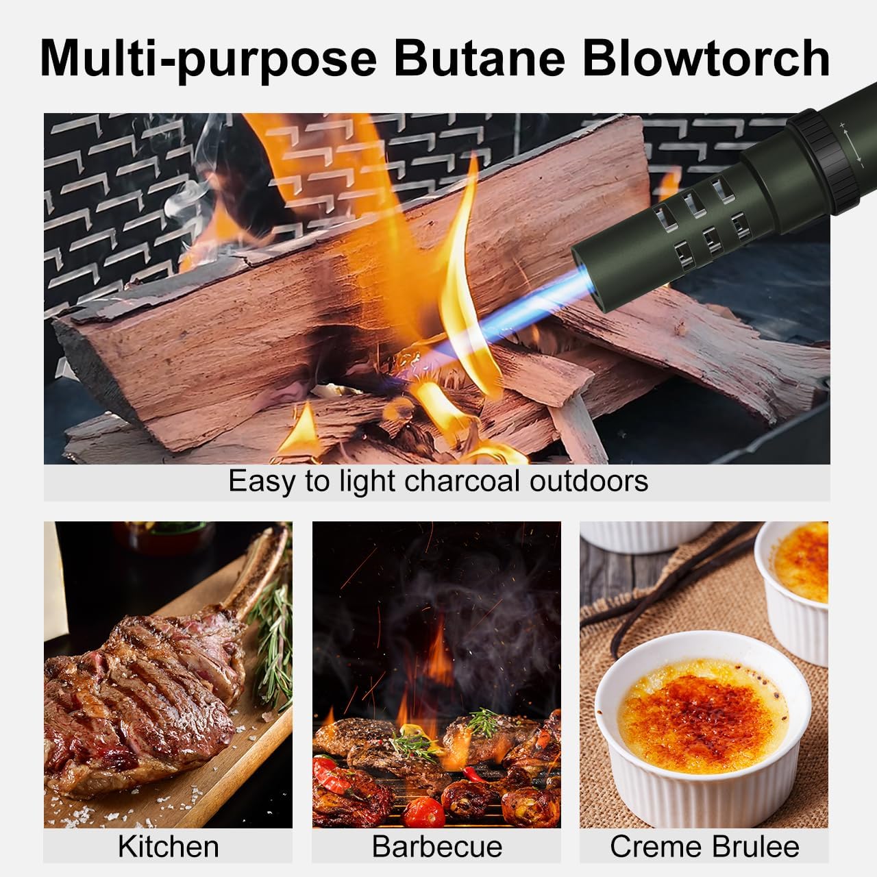 Camping Lighter, Torch Lighter, Windproof Jet Flame Butane Refillable Adjustable Flame with Safety Lock&Fule Guage for Campfires Kitchen Hiking Candles Fireplace BBQ Outdoor Camping Essentials(Green)