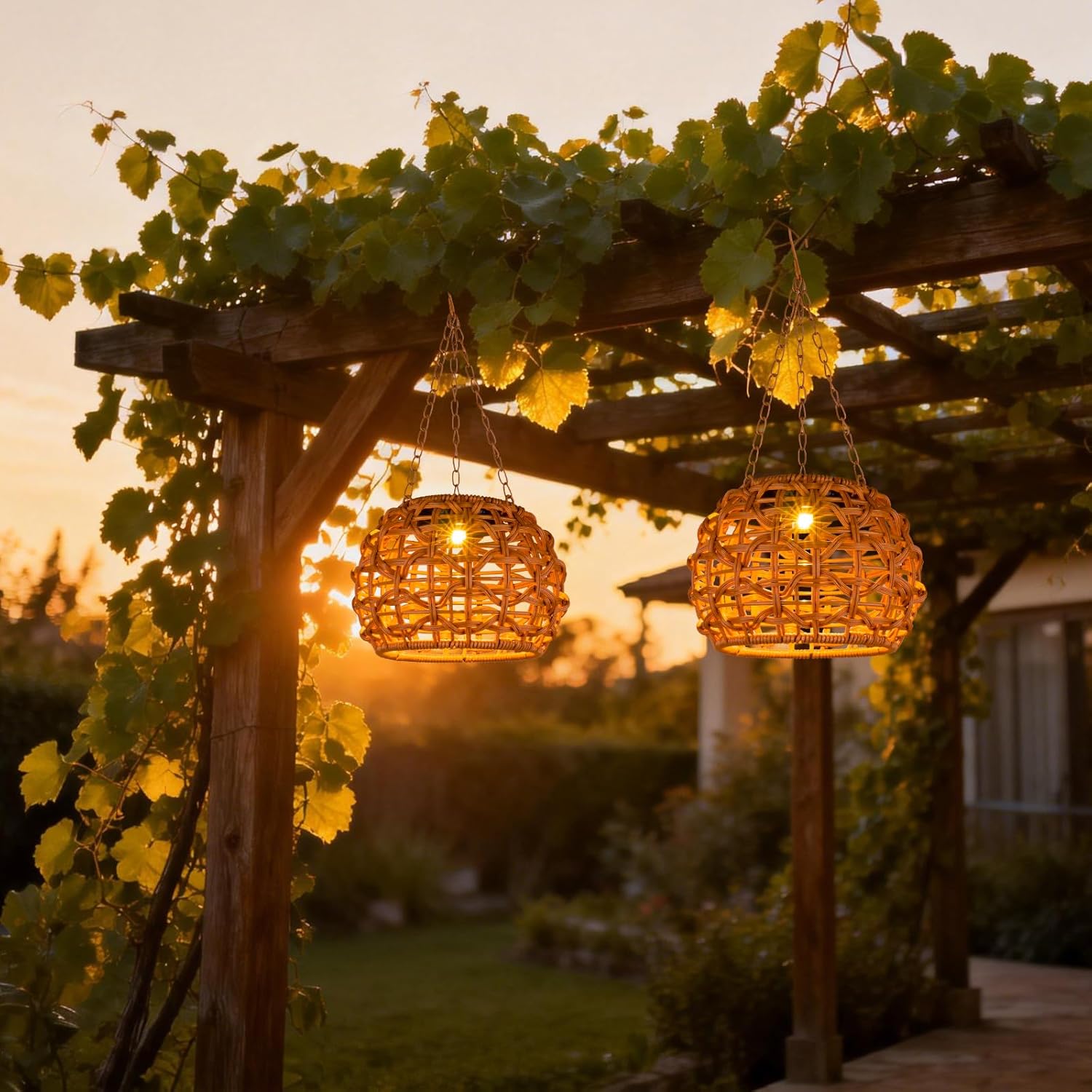 2 Pack Solar Lanterns Outdoor Waterproof, Hanging Solar Lights for Outside with Upgraded Bright LED, Boho Rattan Lantern, Outdoor Chandelier Lights for Garden, Yard, Porch, Patio, Backyard, Gifts