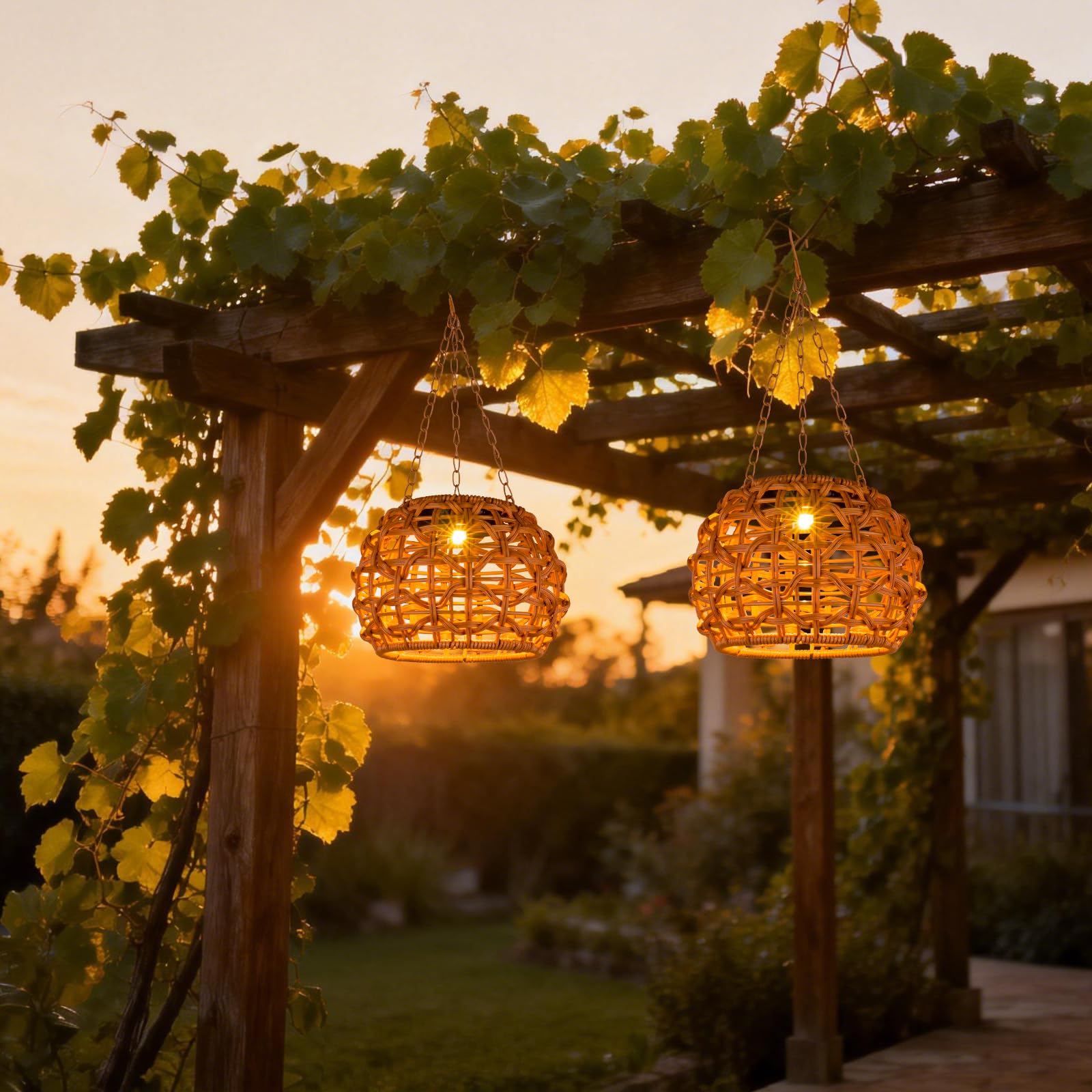 Lanterne solari da esterni, impermeabili, in rattan, da appendere, lampada solare per gazebo, pergola, portico, patio, vialetto, gradini, decorazione, regali per donne (2)