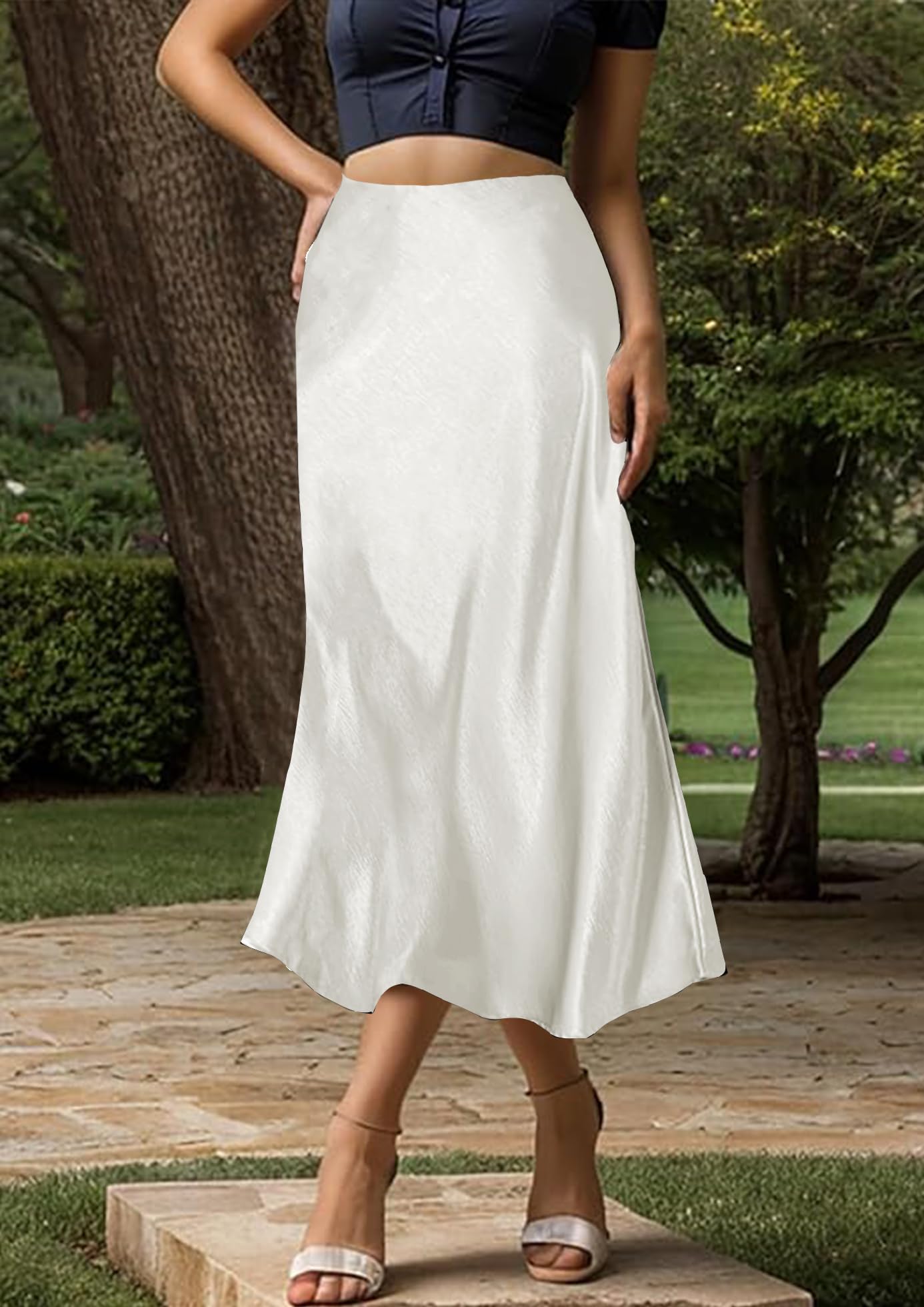 Falda de Satén para Mujer Cintura Alta Elástica Midi Casual A-Línea con Cremallera Elegante Larga Maxi Plisada Fiesta Otoño