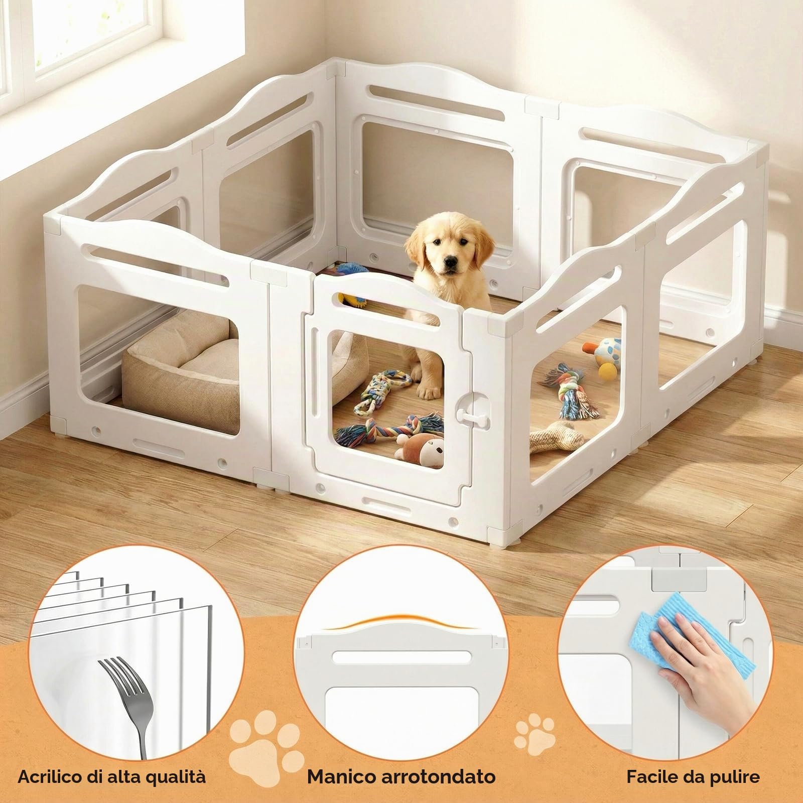 MAMIZO Recinto per Cani Acrilico 129 × 129 × 60 cm, Box per Cuccioli | Box per il Parto Cani con Porta a Chiusura e Ventose, 8 PCS Pannelli Parco per Cani adatto Appartamento, Bianco