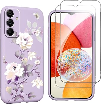 Flower Phone Case for Samsung Galaxy A14 5G 6,6 with 2X Tempered Glass Screen Protectors, Floral Liquid Silicone Phone Cover Anti-Scratch Soft Protection Funda for Girls Women, Purple 01